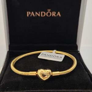 New Pandora Moments 14k Golden Plated Heart Claps Snake Chain Bracelet Size 6.7